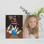 青いボーリング誕生日招待状と写真 招待状 (スタンド正面)