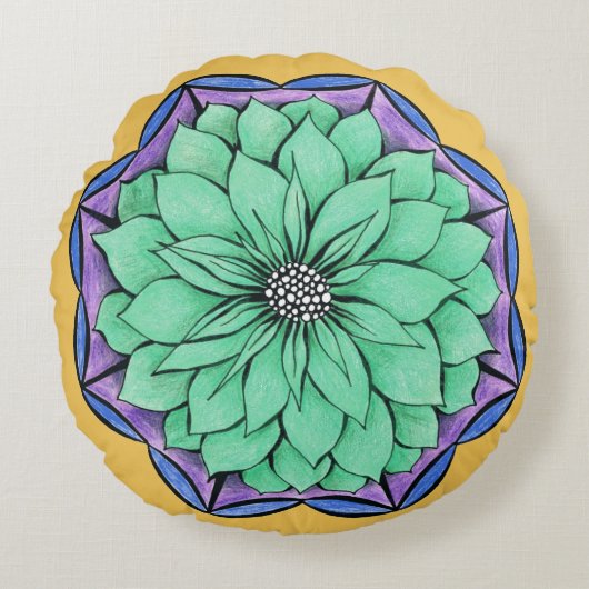 青いポインセチアのデザイン ラウンドクッション (正面)