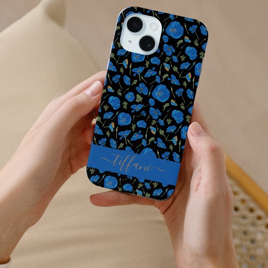青いポピー花 黒の植物学模様 Case-Mate iPhoneケース