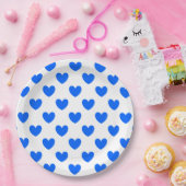 青いポルカハートオンホワイト ペーパープレート (パーティー)