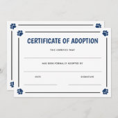 青いポープリントフレームペットの養子縁組の証明書 (正面/裏面)