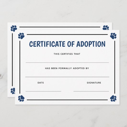 青いポープリントフレームペットの養子縁組の証明書 (正面/裏面)