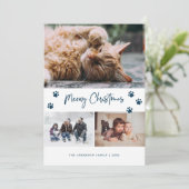 青いポープリント3フォトコラージュMeowy Christmas Pet シーズンカード (スタンド正面)