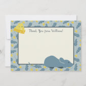 青いマウスおよびチーズフラットパネルのサンキューカード 招待状 (正面)