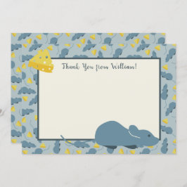 青いマウスおよびチーズフラットパネルのサンキューカード 招待状