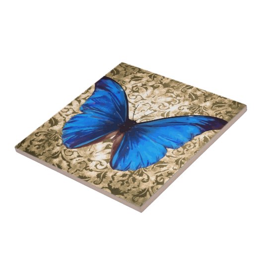 青いマダラチョウのダマスク織のヴィンテージの芸術 タイル (側面)