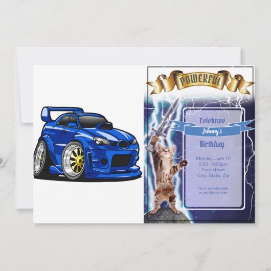 青いマッスルカーのスピード漫画 - 背景色を選んで 招待状 (正面)