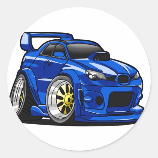 青いマッスルカーの速度の漫画 – バックカラーを選択 ラウンドシール (正面)