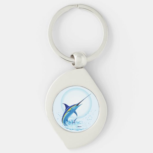青いマーリンが海から飛び出す キーホルダー (正面)