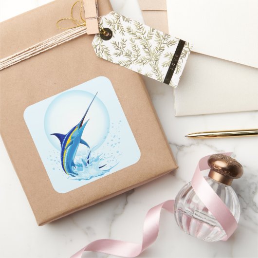 青いマーリンが海から飛び出す スクエアシール (ギフト)