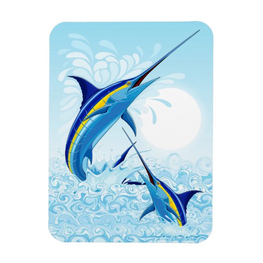 青いマーリンが海から飛び出す マグネット (縦)