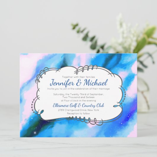 青いマーリングされた宇宙抽象芸術結婚式の招待 招待状 (スタンド正面)