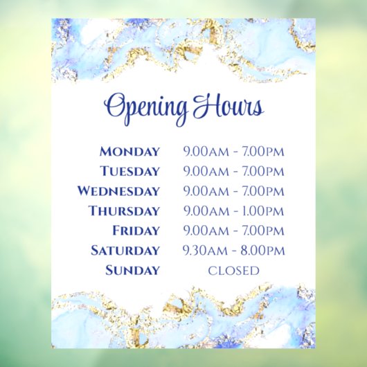 青いマーリングデザインの開店時間ウィンドウにしがみつく ウィンドウサイン (シート3)