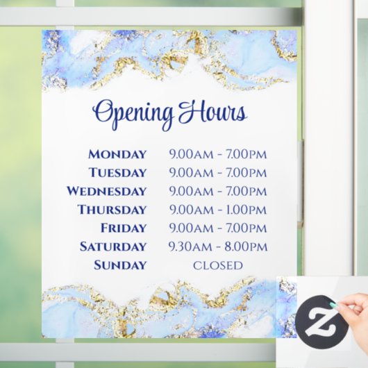 青いマーリングデザインの開店時間ウィンドウにしがみつく ウィンドウサイン (ホーム)