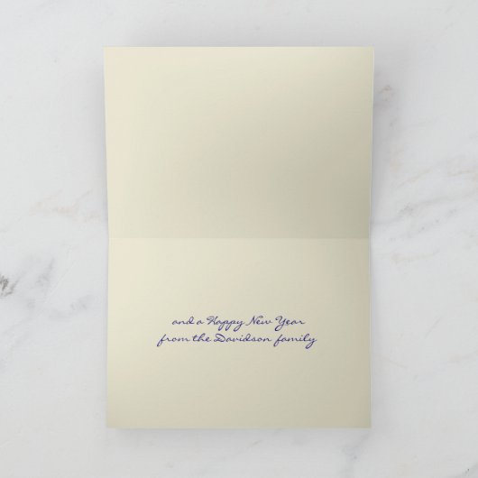 青いミスタントーと星の写真カスタムのクリスマス シーズンカード (内部)