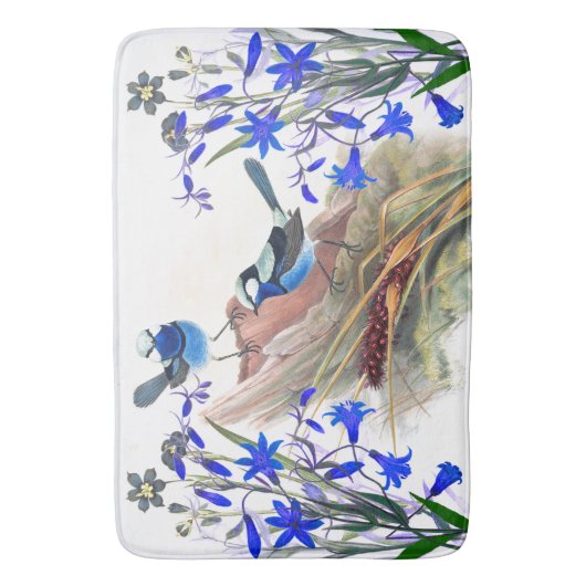 青いミソサザイの鳥の野性生物動物の花柄の花 バスマット (正面縦)