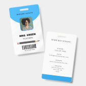 青いミニマルな教師 ID カード バッジ (正面＆裏面)