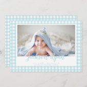 青いミニマルギンガムチェックパターン写真誕生 案内状 (正面/裏面)