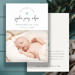 青いミニマルハートスクリプト写真の誕生のお知らせ サンキューカード