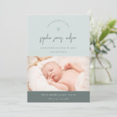 青いミニマルハートスクリプト写真の誕生のお知らせ サンキューカード (スタンド正面)