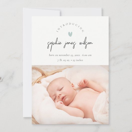 青いミニマルハートスクリプト写真の誕生のお知らせ サンキューカード (正面)