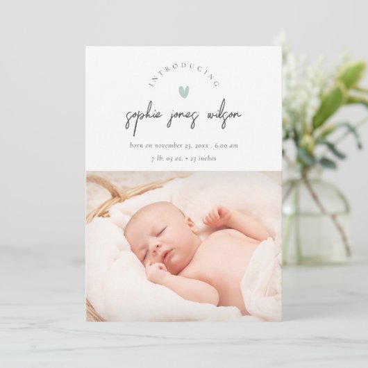 青いミニマルハートスクリプト写真の誕生のお知らせ サンキューカード (スタンド正面)