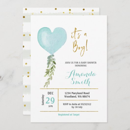 青いミニー風船の男の子ベビーシャワー招待状 招待状 (正面/裏面)