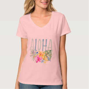青いミントのアロハ花の熱帯水彩画 Tシャツ