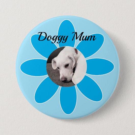 青いムームに可愛い子犬の写真 缶バッジ (正面)