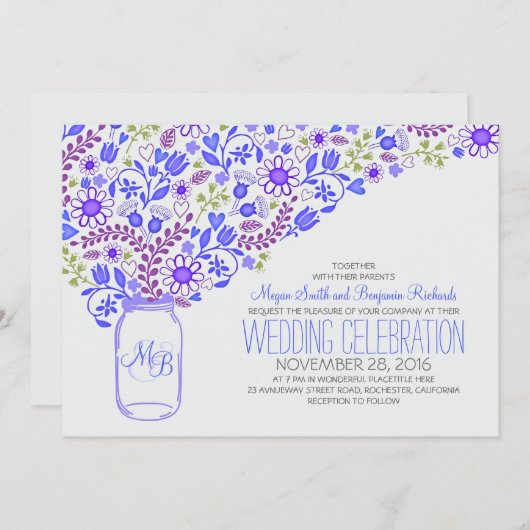 青いメイソンのジャー可愛い花の結婚式招待状 招待状 (正面/裏面)