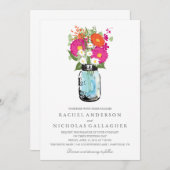 青いメイソンジャーとゲルバー・デイジーのウェディング 招待状 (正面/裏面)