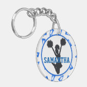 青いメガホンおよびチアリーダーのパーソナライズな写真 キーホルダー (正面左)