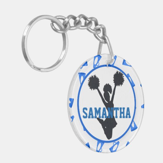 青いメガホンおよびチアリーダーのパーソナライズな写真 キーホルダー (正面左)