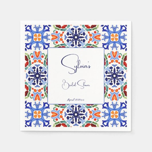 青いメキシコのカラフルなタイル ブライダルシャワープリント スタンダードカクテルナプキン (正面)