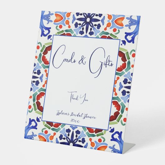 青いメキシコのカラフルタイルブライダルシャワーギフト 台座サイン (正面)