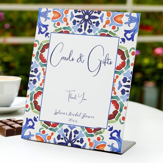 青いメキシコのカラフルタイルブライダルシャワーギフト 台座サイン