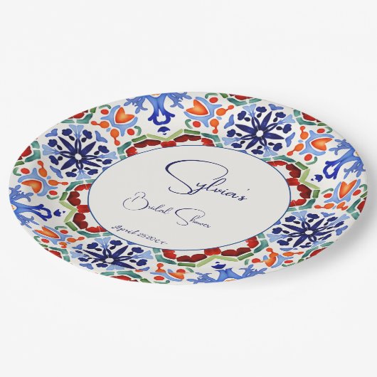 青いメキシコのカラフルタイルブライダルシャワー印刷 ペーパープレート (アングル)