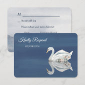青いメニューの白い花のスワン ウェディング出欠確認 出欠カード (正面/裏面)