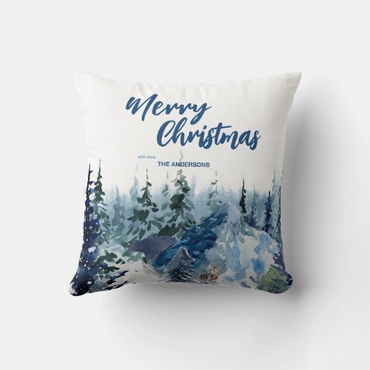 青いメリーモダンクリスマスの木の森のトナカイ クッション (裏面)