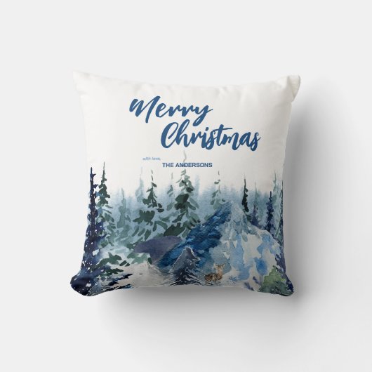 青いメリーモダンクリスマスの木の森のトナカイ クッション (正面)