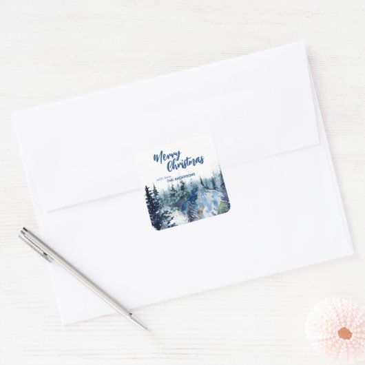 青いメリーモダンクリスマスの木の森のトナカイ スクエアシール (封筒)