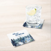 青いメリーモダンクリスマスの木の森のトナカイ スクエアペーパーコースター (インサイチュ)