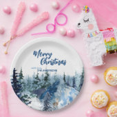 青いメリーモダンクリスマスの木の森のトナカイ ペーパープレート (パーティー)