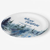 青いメリーモダンクリスマスの木の森のトナカイ ペーパープレート (アングル)