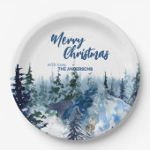 青いメリーモダンクリスマスの木の森のトナカイ ペーパープレート (正面)