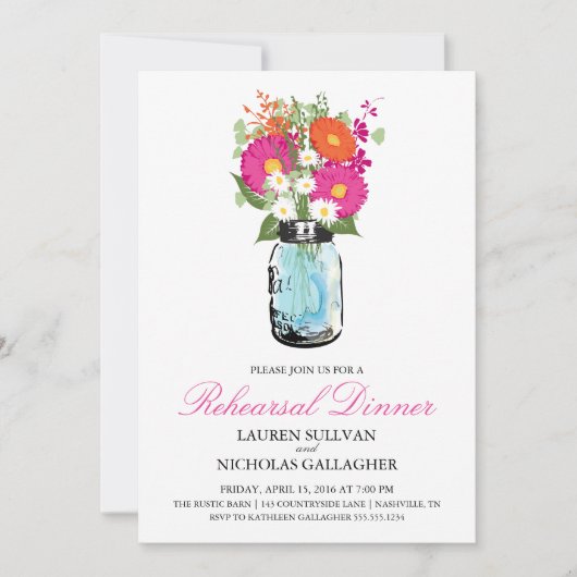 青いメーソンジャーおよびガーベラのデイジーのリハーサルの夕食 招待状 (正面)
