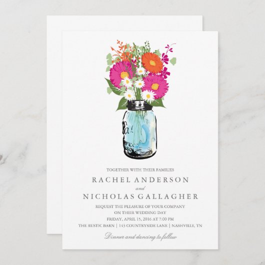 青いメーソンジャーおよびガーベラのデイジーの結婚 招待状 (正面/裏面)
