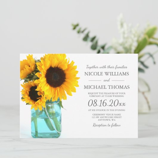 青いメーソンジャーのヒマワリの結婚式招待状 招待状 (スタンド正面)