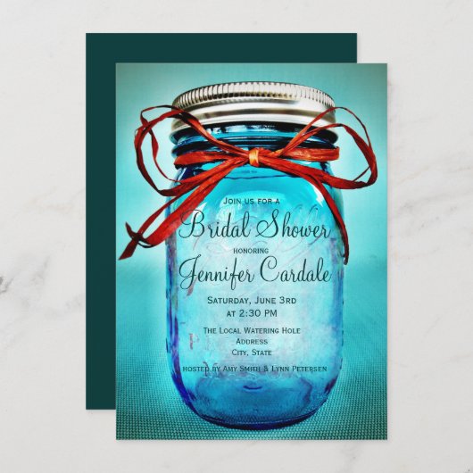 青いメーソンジャーの国のブライダルシャワー招待状 招待状 (正面/裏面)