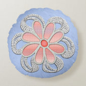 青いモアレにピンクとダイヤモンドの宝石で飾られた花 ラウンドクッション (正面)